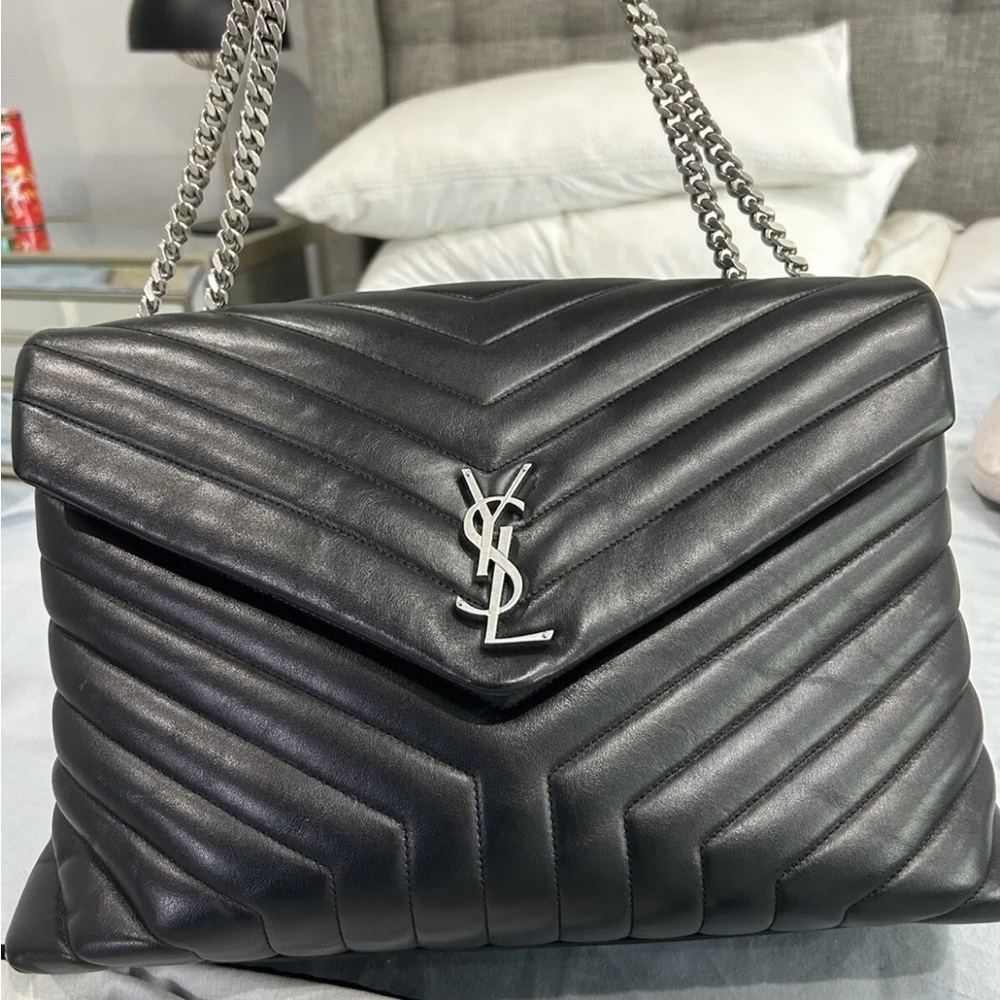 Saint Laurent Black Quilted Chevron Leather Shoulder Bag with Silver YSL